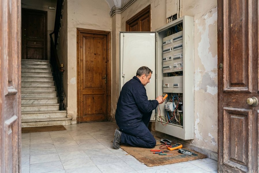 Electricista revisando el armario eléctrico del portal de una comunidad de vecinos en Sant Feliu de Llobregat